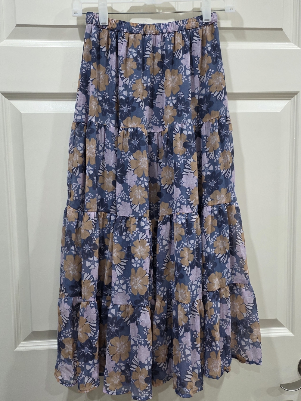 Aerie Floral Tiered Maxi Skirt in Blue & Tan